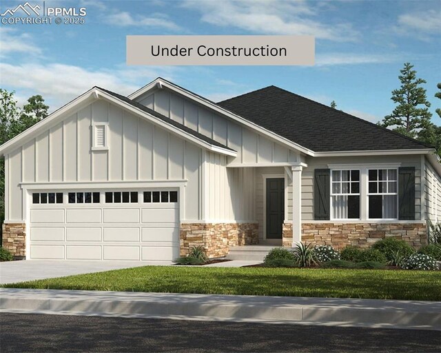 4331 Soapberry Pl, Castle Rock, CO 80108 - view of front of property with board and batten siding, stone siding, an attached garage, a shingled roof, and concrete driveway