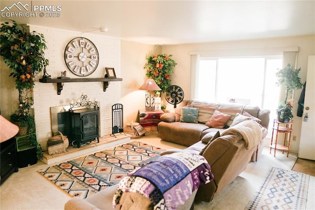 living room with a wood stove