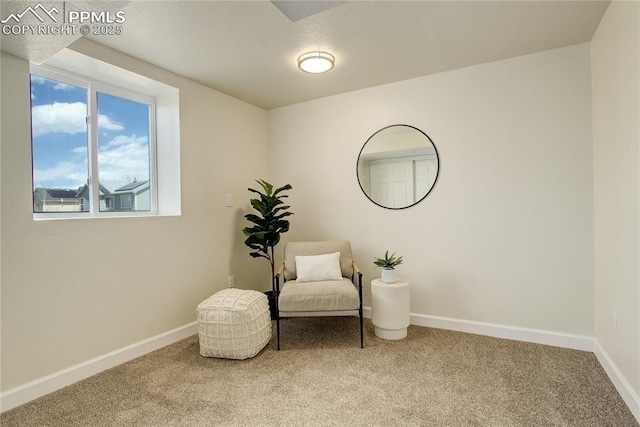 living area with carpet floors and baseboards