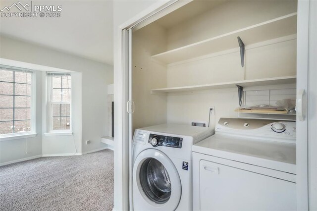 6142 Colony Cir, Colorado Springs, CO 80919 - washroom featuring separate washer and dryer, baseboards, carpet flooring, and laundry area