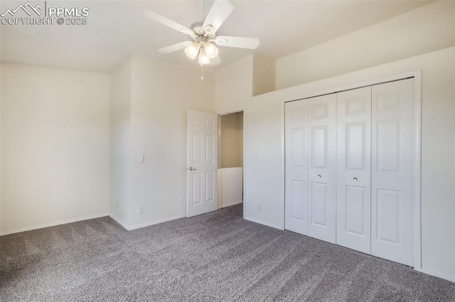 6142 Colony Cir, Colorado Springs, CO 80919 - unfurnished bedroom featuring a ceiling fan, carpet floors, a closet, and baseboards