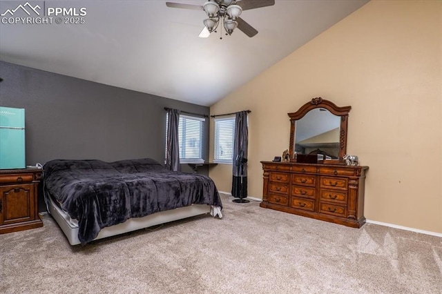 carpeted bedroom featuring lofted ceiling, a ceiling fan, and baseboards