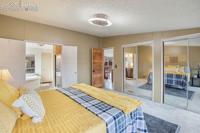 carpeted bedroom featuring ensuite bathroom, a textured ceiling, and two closets