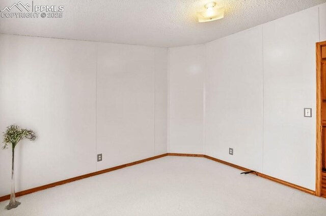 spare room featuring light carpet, baseboards, and a textured ceiling