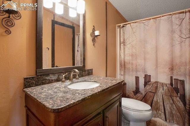 bathroom with vanity, a textured ceiling, and toilet