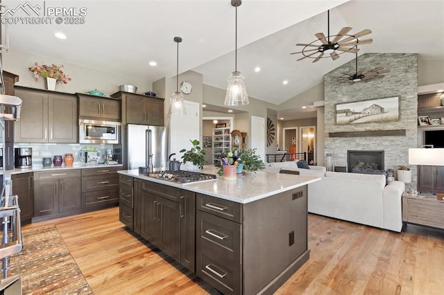 20356 Royal Troon Dr, Monument, CO 80132 - kitchen with appliances with stainless steel finishes, light wood-type flooring, ceiling fan, dark brown cabinetry, and recessed lighting