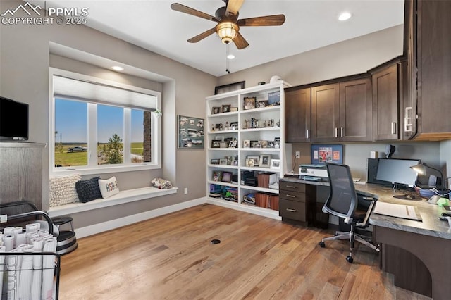 20356 Royal Troon Dr, Monument, CO 80132 - office featuring ceiling fan, light wood-style flooring, built in study area, baseboards, and recessed lighting