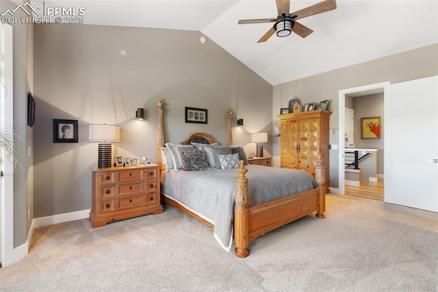 20356 Royal Troon Dr, Monument, CO 80132 - bedroom with carpet, baseboards, high vaulted ceiling, and ceiling fan