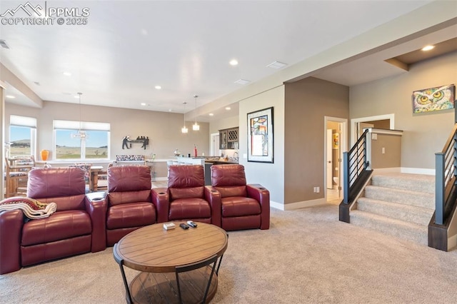 20356 Royal Troon Dr, Monument, CO 80132 - home theater room featuring light colored carpet, recessed lighting, baseboards, and bar area