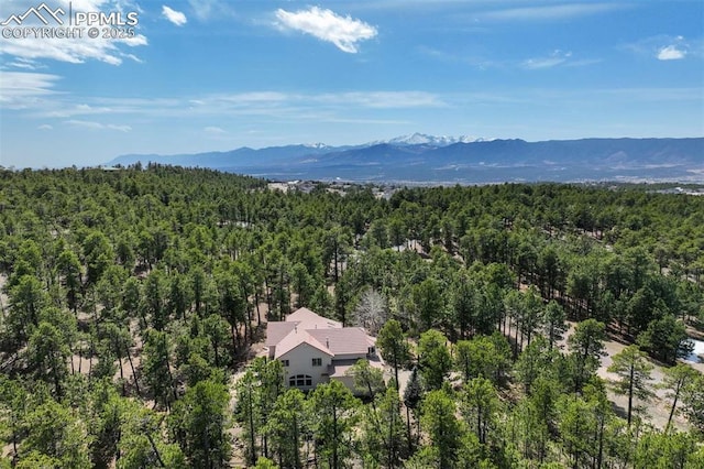 birds eye view of property with a forest view and a mountain view