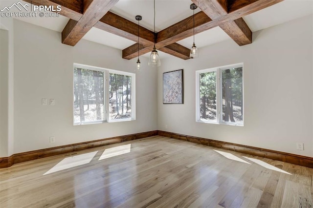 unfurnished room with wood finished floors, beam ceiling, and a wealth of natural light