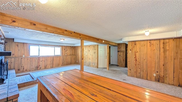 720 W Northwoods Dr, Woodland Park, CO 80863 - basement featuring wood walls, a textured ceiling, and carpet
