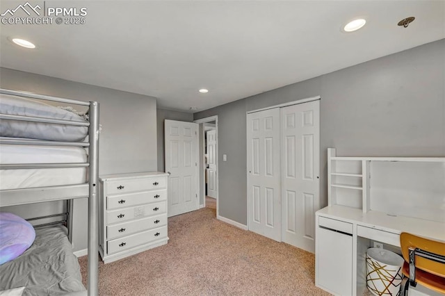 6465 Pawnee Cir, Colorado Springs, CO 80915 - bedroom with recessed lighting, baseboards, a closet, and light carpet