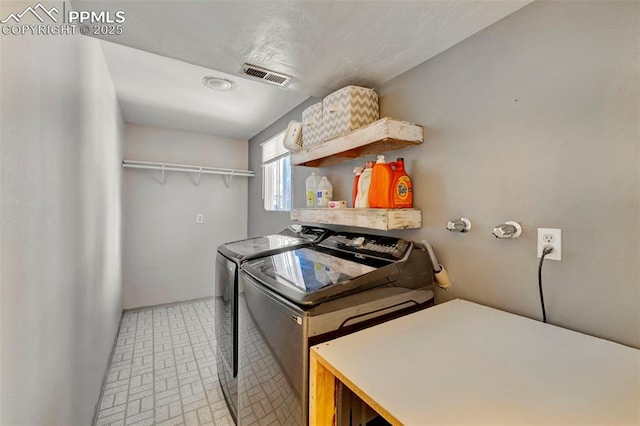 6465 Pawnee Cir, Colorado Springs, CO 80915 - clothes washing area with separate washer and dryer, laundry area, brick patterned floor, and visible vents