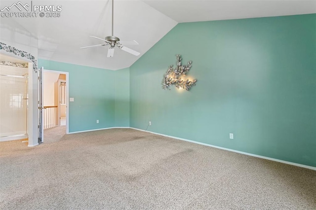 6675 Cabin Creek Dr, Colorado Springs, CO 80923 - unfurnished bedroom featuring lofted ceiling, carpet flooring, baseboards, and a ceiling fan