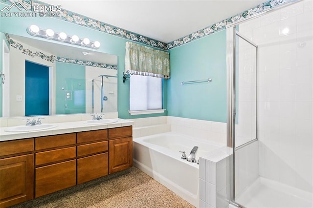 6675 Cabin Creek Dr, Colorado Springs, CO 80923 - full bath with a stall shower, a bath, double vanity, and speckle patterned floor