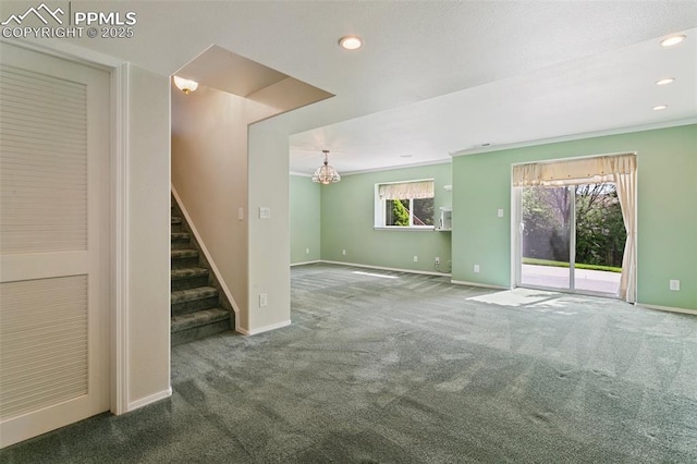6675 Cabin Creek Dr, Colorado Springs, CO 80923 - unfurnished living room with stairway, carpet, baseboards, recessed lighting, and a chandelier