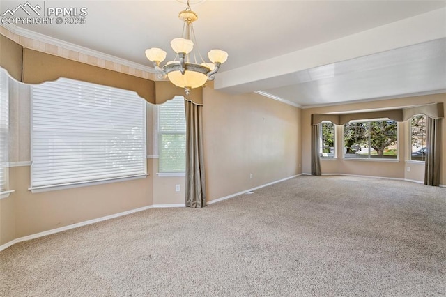 6675 Cabin Creek Dr, Colorado Springs, CO 80923 - carpeted empty room with a chandelier, baseboards, and ornamental molding