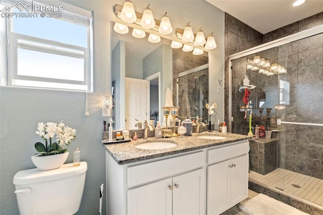 bathroom with a sink, a stall shower, toilet, and double vanity