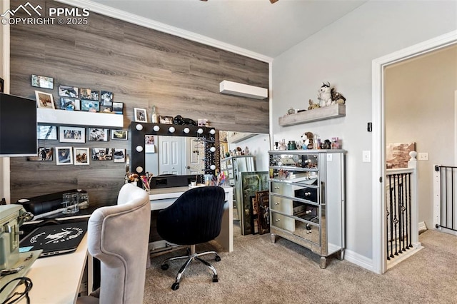 carpeted office space featuring baseboards and ornamental molding