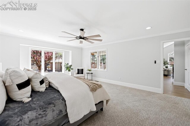 bedroom featuring recessed lighting, a ceiling fan, ornamental molding, baseboards, and light colored carpet