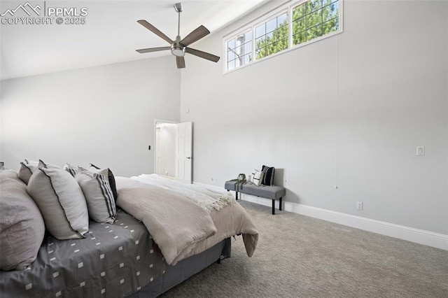 bedroom featuring carpet floors, baseboards, high vaulted ceiling, and a ceiling fan