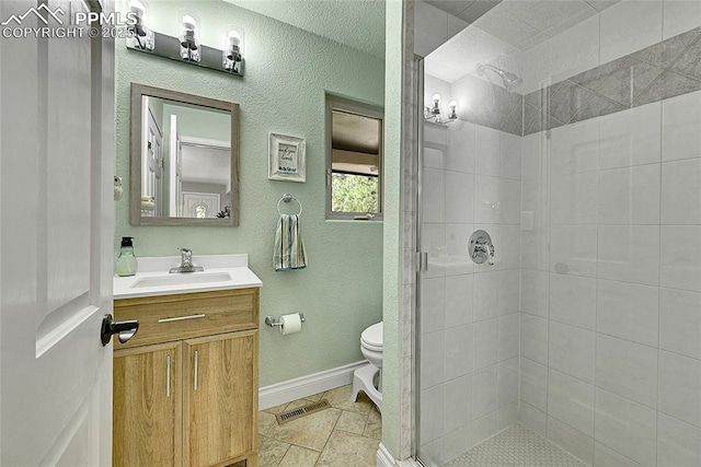 17350 Goshawk Rd, Colorado Springs, CO 80908 - full bathroom with vanity, toilet, baseboards, visible vents, and a stall shower