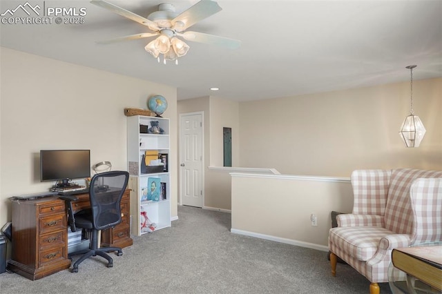 office featuring baseboards, carpet, a ceiling fan, and recessed lighting