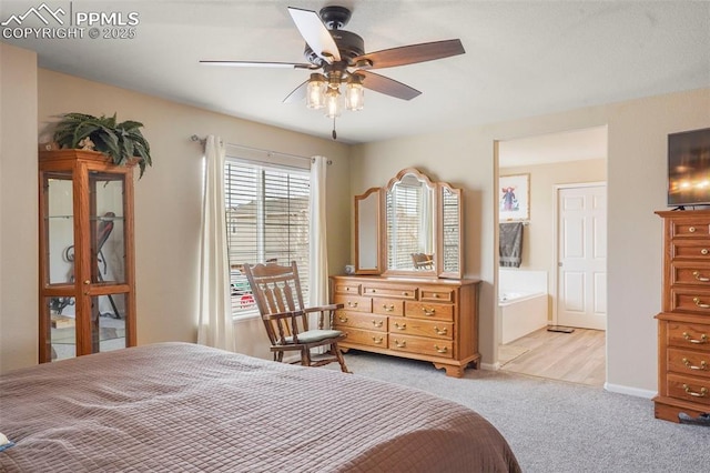 bedroom with baseboards, a ceiling fan, and light colored carpet
