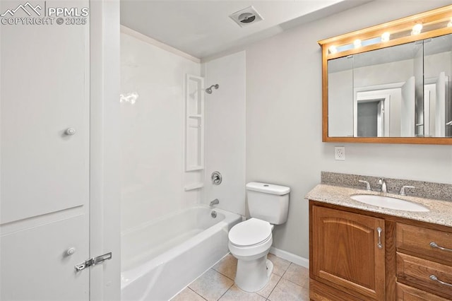 621 Rowe Ln, Colorado Springs, CO 80911 - bathroom with vanity, baseboards, tile patterned flooring, toilet, and shower / bathtub combination