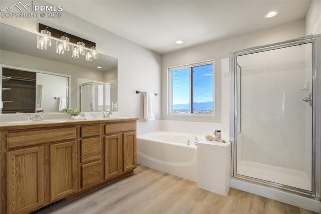 5717 Stable Ct, Colorado Springs, CO 80920 - full bath featuring a stall shower, a garden tub, wood finished floors, double vanity, and recessed lighting