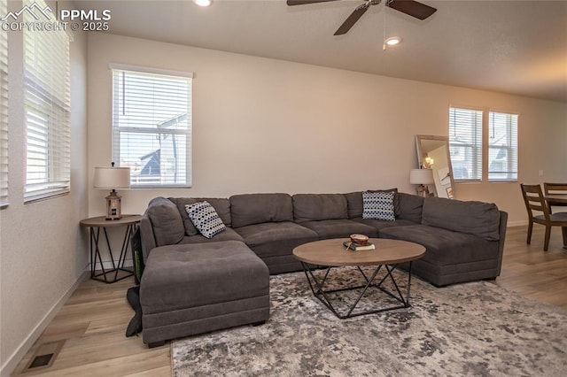 8162 Grey Bark Way, Colorado Springs, CO 80908 - living room with baseboards, light wood finished floors, ceiling fan, and recessed lighting