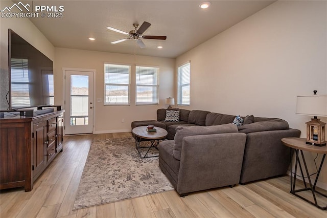 8162 Grey Bark Way, Colorado Springs, CO 80908 - living room featuring a ceiling fan, light wood finished floors, and recessed lighting