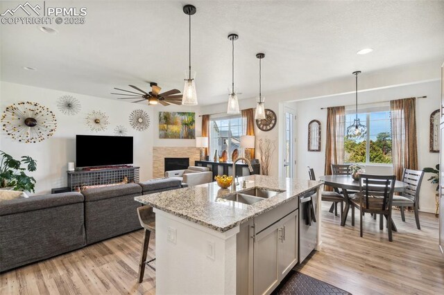 kitchen with light wood-type flooring, a sink, ceiling fan with notable chandelier, and dishwasher