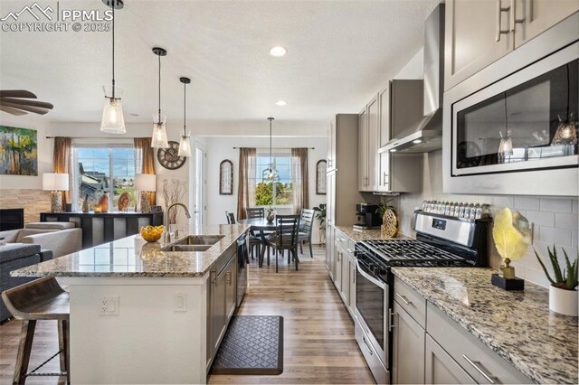 kitchen featuring stainless steel appliances, plenty of natural light, a sink, and light wood-style floors