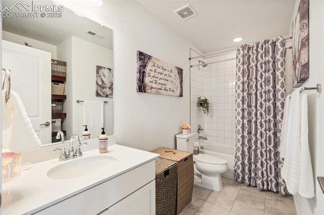 full bath featuring visible vents, shower / bathtub combination with curtain, tile patterned flooring, and toilet