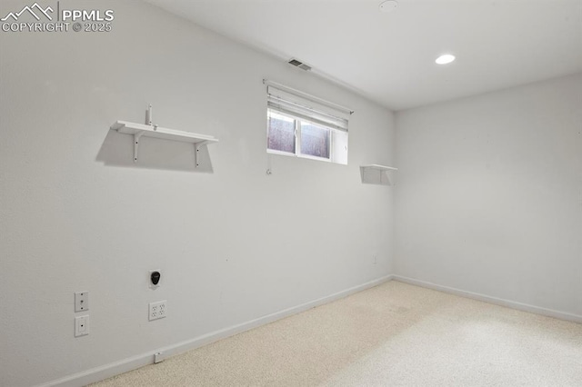 interior space with visible vents, baseboards, recessed lighting, and carpet