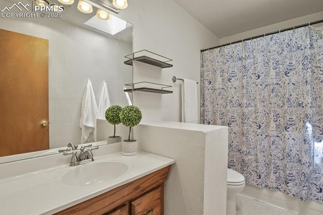 bathroom featuring toilet, a skylight, and vanity
