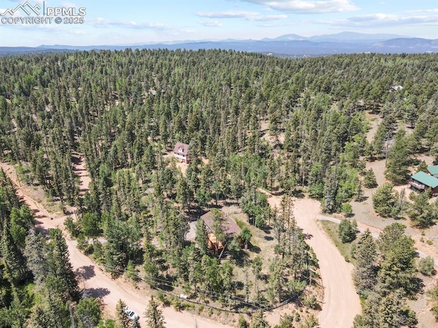 drone / aerial view with a wooded view and a mountain view