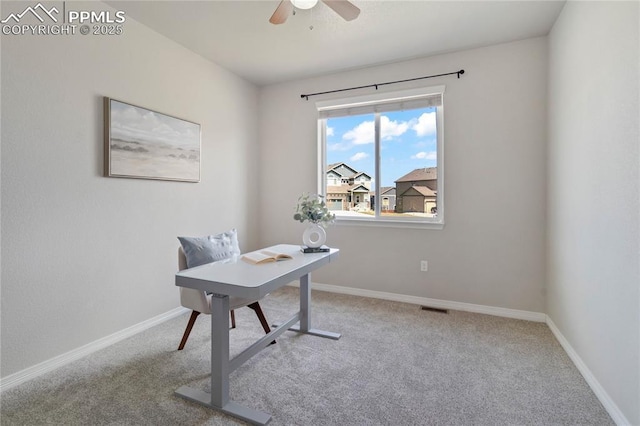 12529 Culebra Peak Dr, Peyton, CO 80831 - home office with visible vents, baseboards, carpet flooring, and ceiling fan