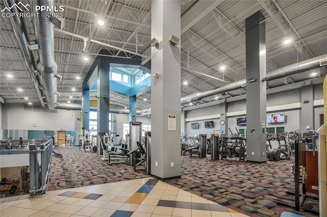 12529 Culebra Peak Dr, Peyton, CO 80831 - workout area with tile patterned flooring, baseboards, a high ceiling, and carpet