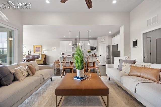4225 New Santa Fe Trl, Colorado Springs, CO 80924 - living room featuring recessed lighting, a ceiling fan, and light wood-style floors