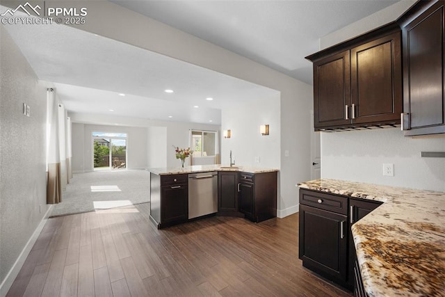 4225 New Santa Fe Trl, Colorado Springs, CO 80924 - kitchen featuring dishwasher, a sink, dark wood-style flooring, dark brown cabinetry, and recessed lighting