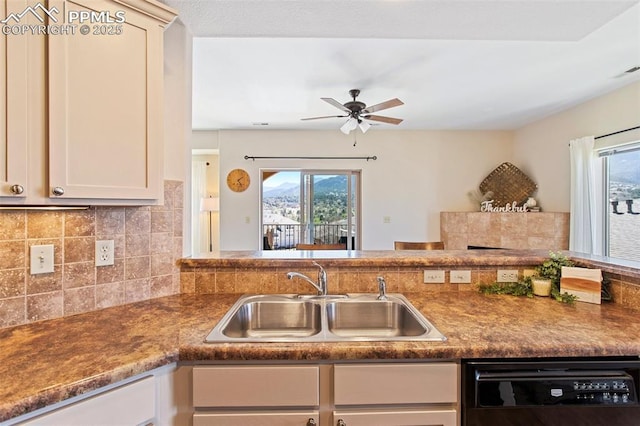 1530 Little Bear Creek Pt Unit 302, Colorado Springs, CO 80904 - kitchen featuring dark countertops, a sink, dishwasher, a ceiling fan, and tasteful backsplash