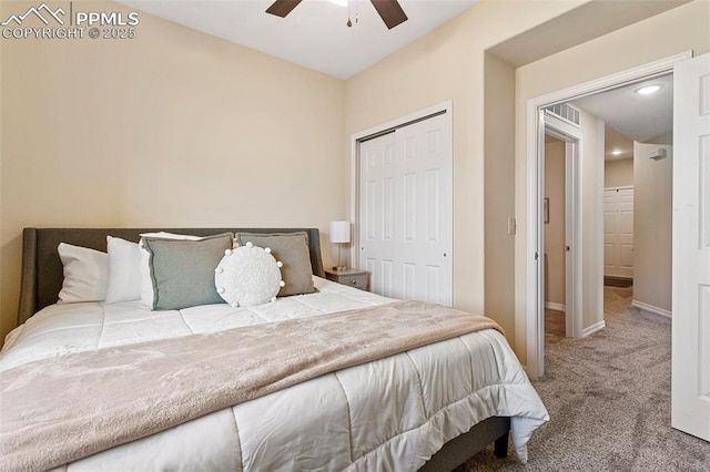 1530 Little Bear Creek Pt Unit 302, Colorado Springs, CO 80904 - carpeted bedroom with a closet, visible vents, baseboards, recessed lighting, and a ceiling fan