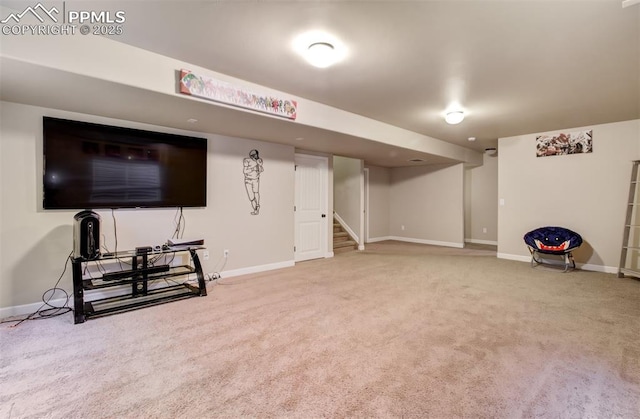 10585 Abrams Dr, Colorado Springs, CO 80925 - finished basement with baseboards, stairway, and carpet flooring
