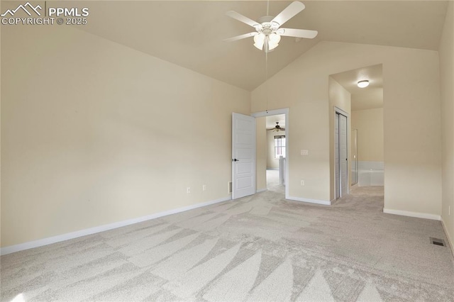 147 Celestine St, Colorado Springs, CO 80905 - unfurnished bedroom featuring visible vents, a ceiling fan, light colored carpet, baseboards, and high vaulted ceiling