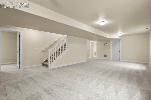 147 Celestine St, Colorado Springs, CO 80905 - interior space featuring stairway, carpet floors, visible vents, and baseboards