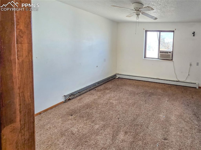 722 6th St, Hugo, CO 80821 - unfurnished room with carpet flooring, a textured ceiling, a ceiling fan, a baseboard heating unit, and cooling unit
