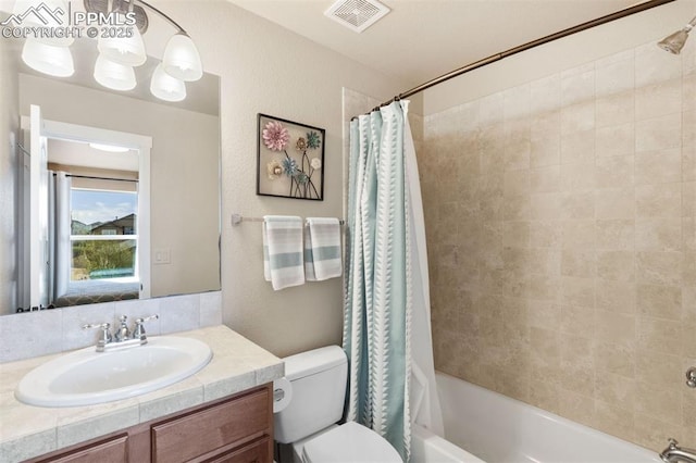 full bathroom featuring visible vents, shower / bath combination with curtain, toilet, and vanity